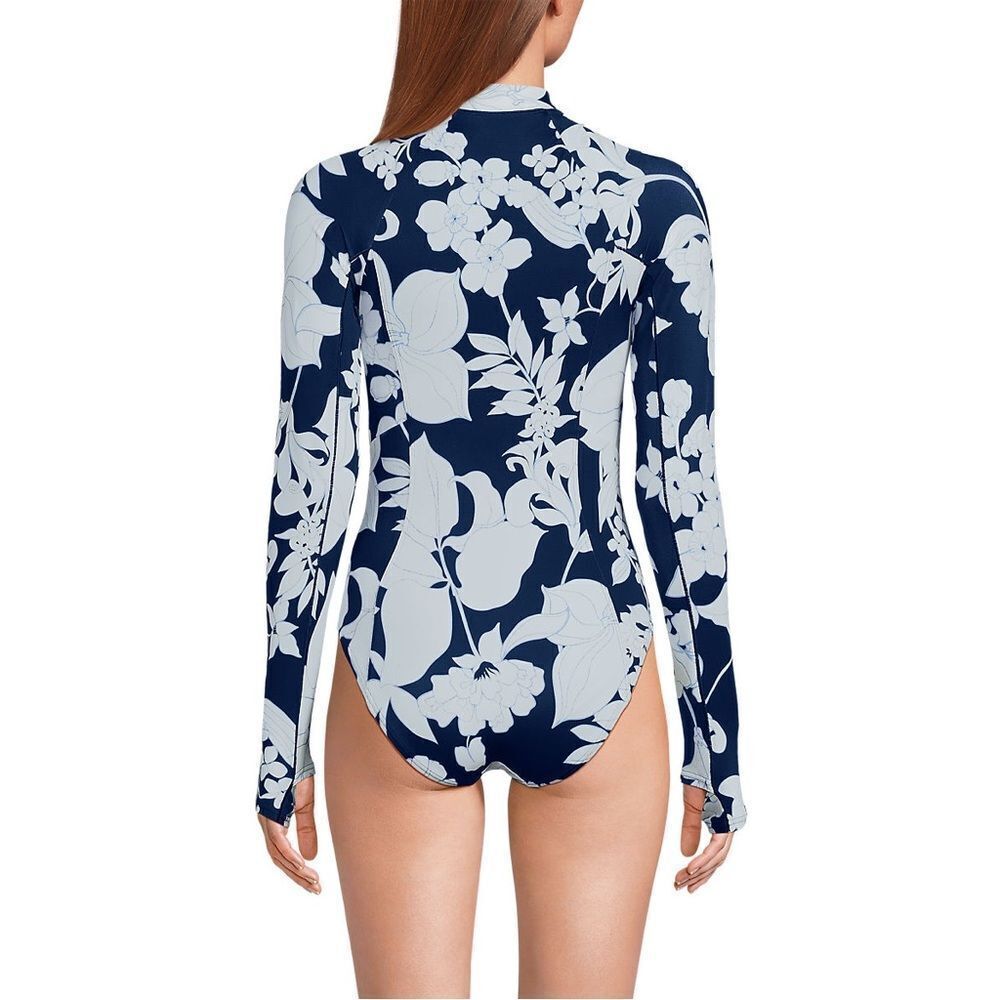 Land's End Plus Standard long sleeve zip one piece swim sea navy white Lily Var - Picture 4 of 5